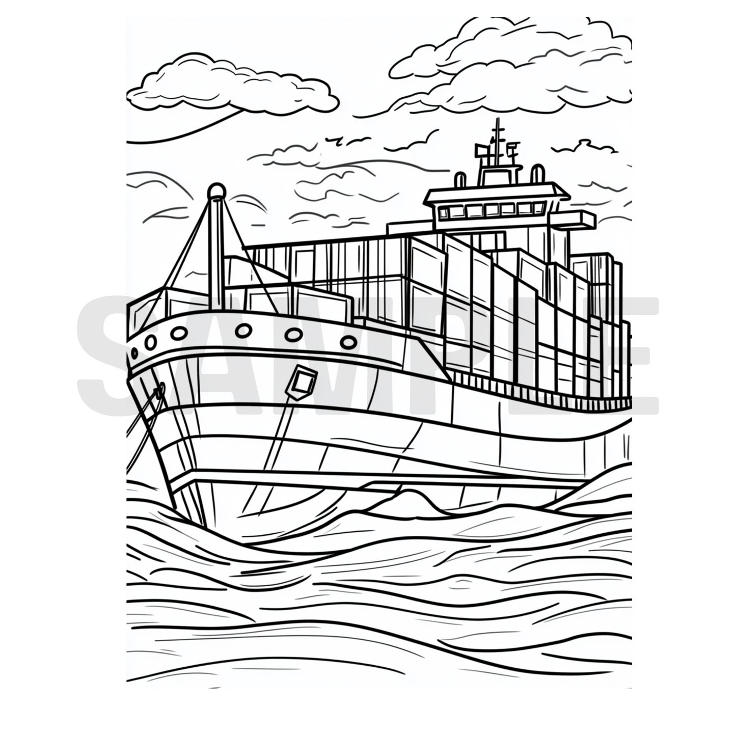 Black and white line drawing of a cargo ship on water with clouds in the sky.