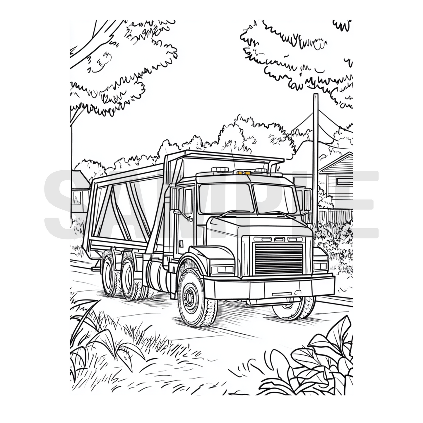 Line drawing of a dump truck on a road with trees and buildings in the background