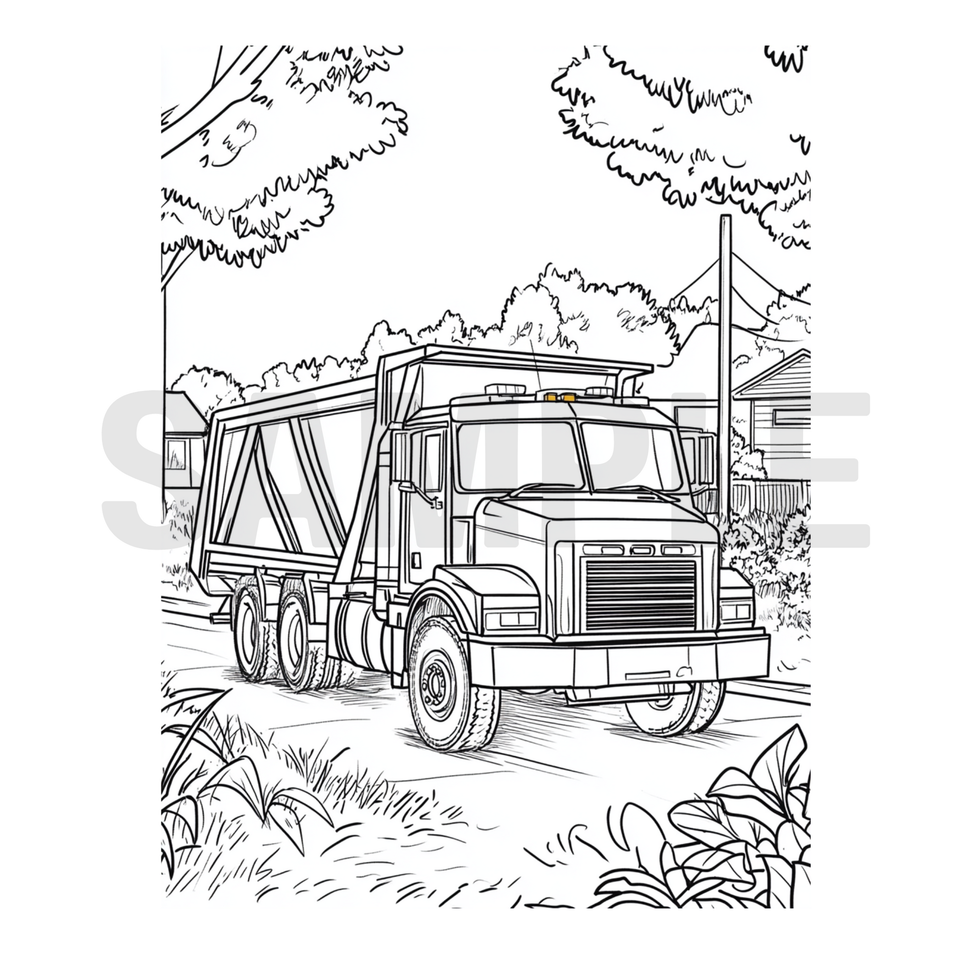 Line drawing of a dump truck on a road with trees and buildings in the background