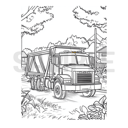 Line drawing of a dump truck on a road with trees and buildings in the background