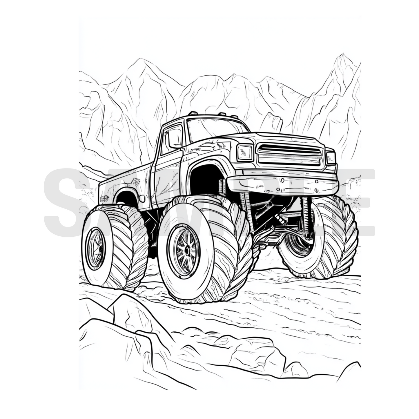 Black and white illustration of a monster truck on a mountainous landscape