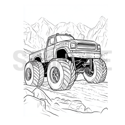Black and white illustration of a monster truck on a mountainous landscape
