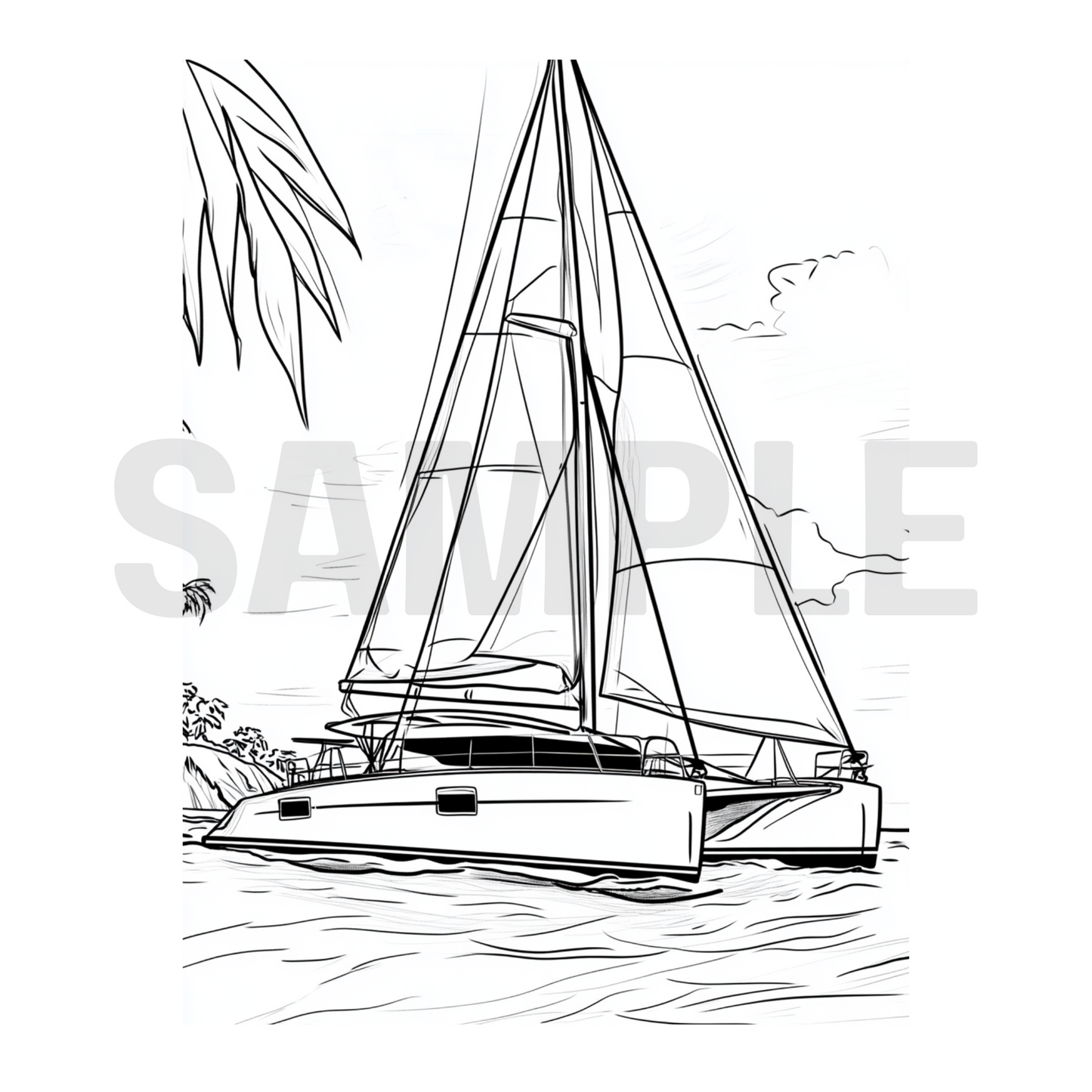 Line drawing of a sailboat on water with trees and sky in the background.