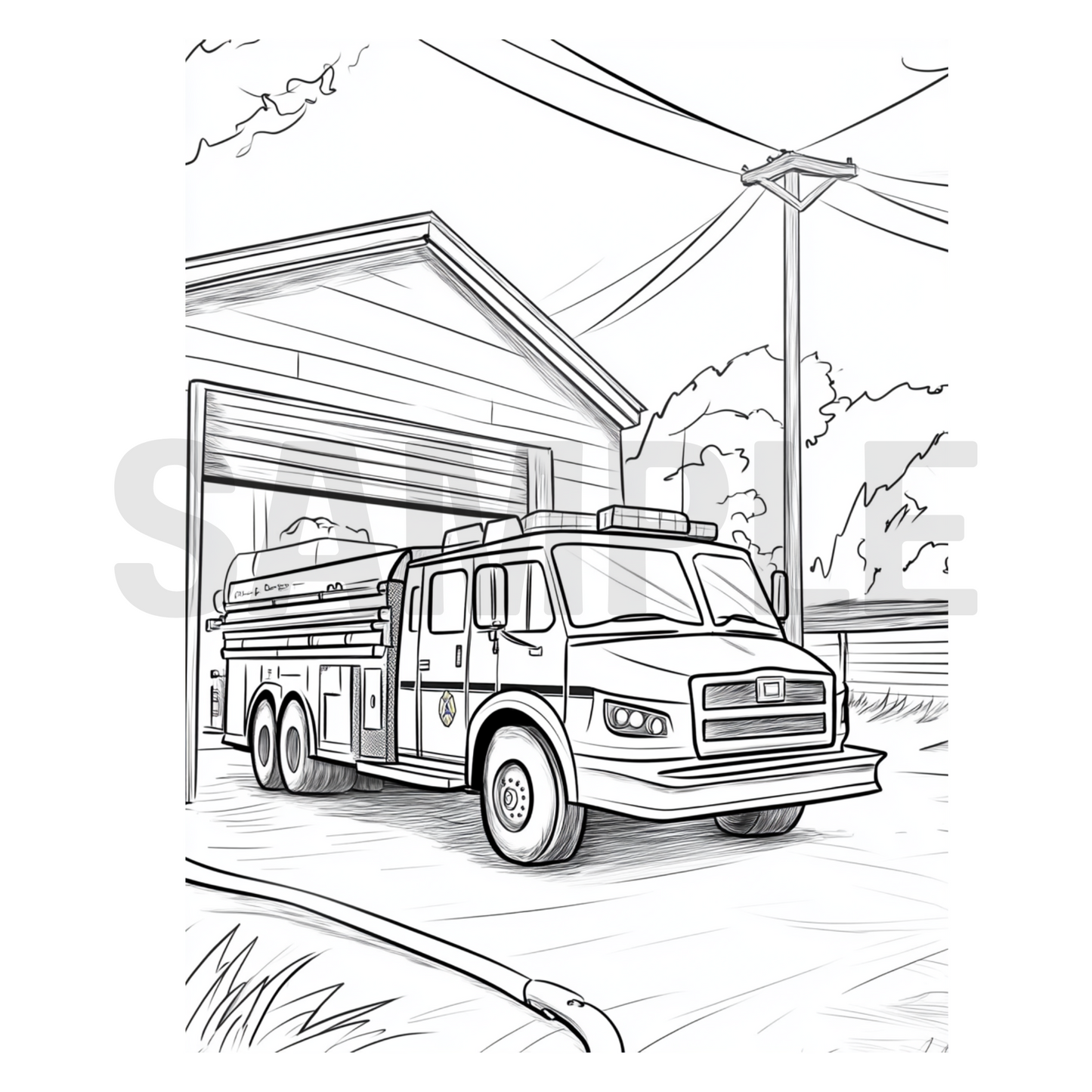 Black and white line drawing of a fire truck in front of a building