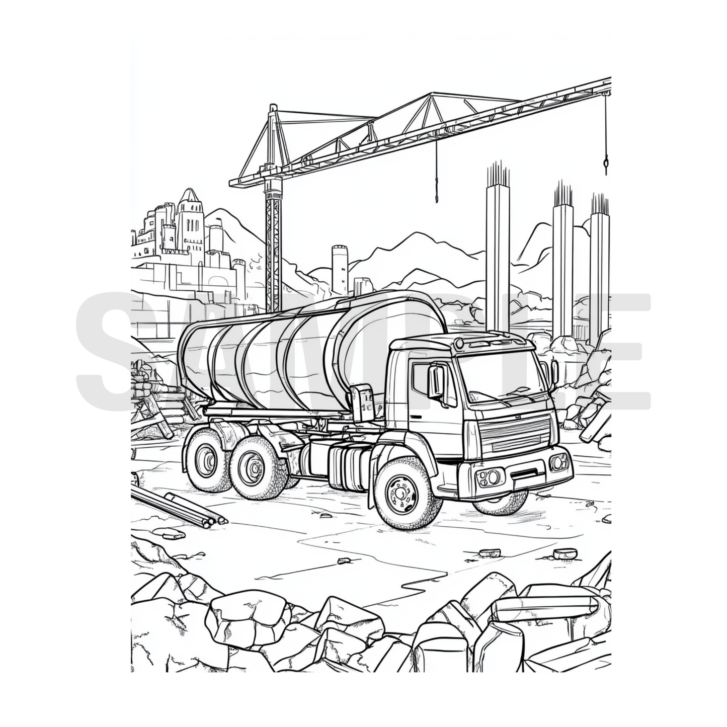 Line drawing of a tanker truck at a construction site with cranes and buildings in the background.